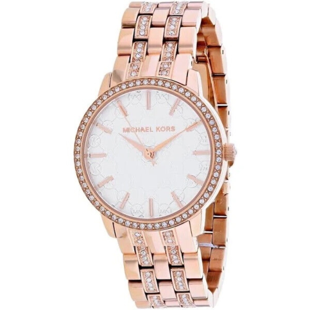MK3183 MK Logo White Dial Rose Gold Steel Bracelet Crystal Watch